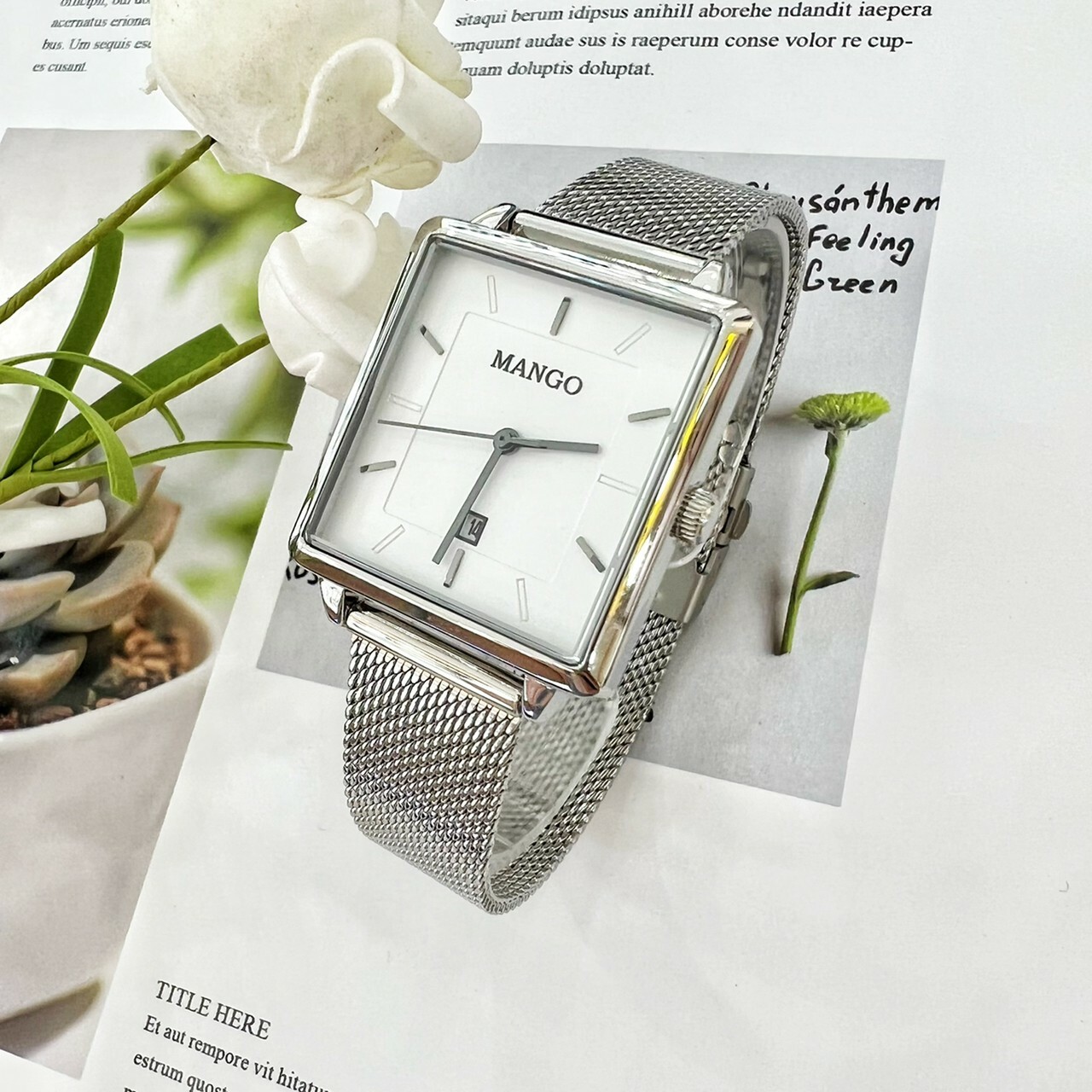 【MANGO】知性極簡方型不鏽鋼米蘭帶腕錶 MA6765L-80 28mm  現代鐘錶