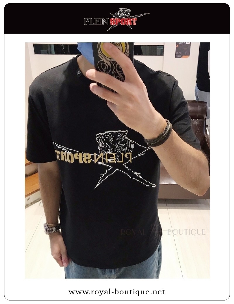 PLEIN SPORT 虎頭拼接燙金英字短T