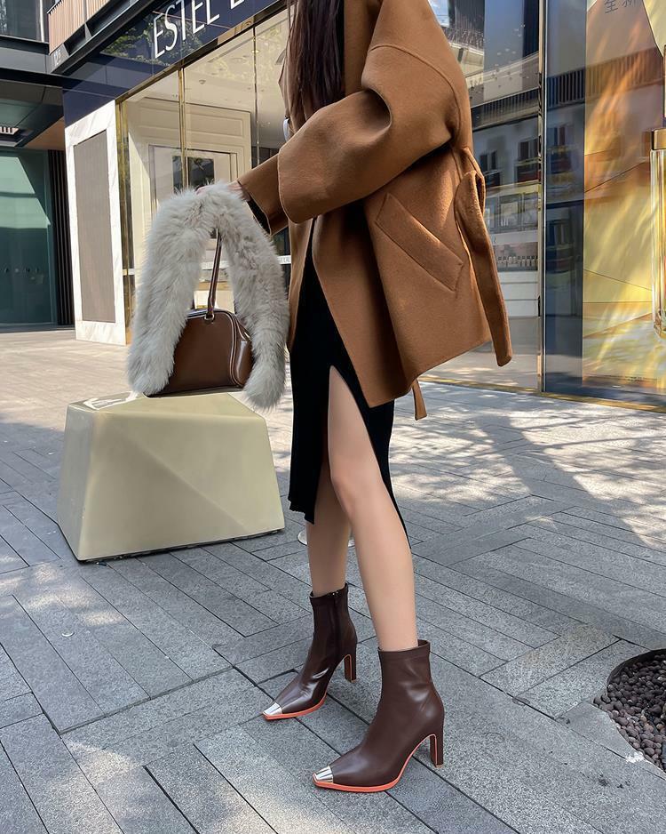 金屬方尖頭 一字高跟短靴(35-39)(黑/白/棕)