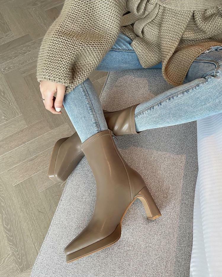 方頭厚底 粗跟短靴(34-39)(米白/黑/卡其)