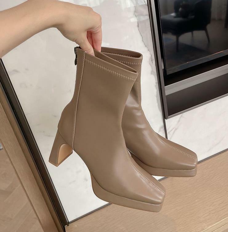 方頭厚底 粗跟短靴(34-39)(米白/黑/卡其)