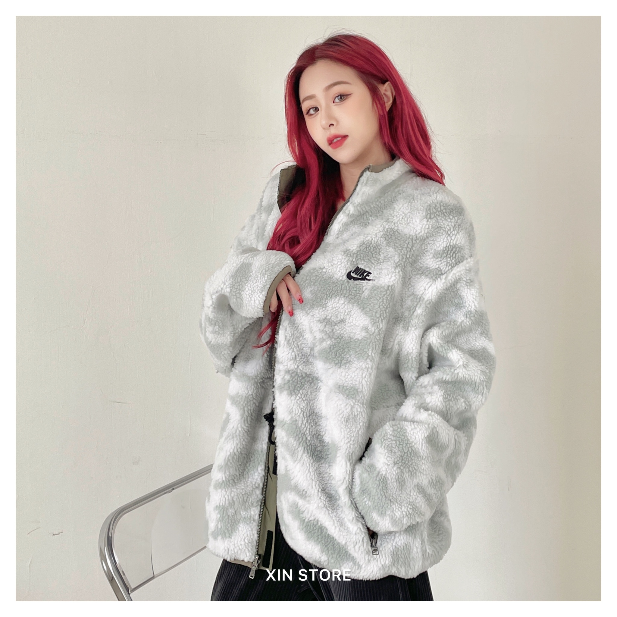 【現貨】Nike NSW 外套 羊羔毛 迷彩 雙面穿 刺繡 字勾 口袋 魔鬼氈 立領外套 灰綠軍綠 咖啡黑