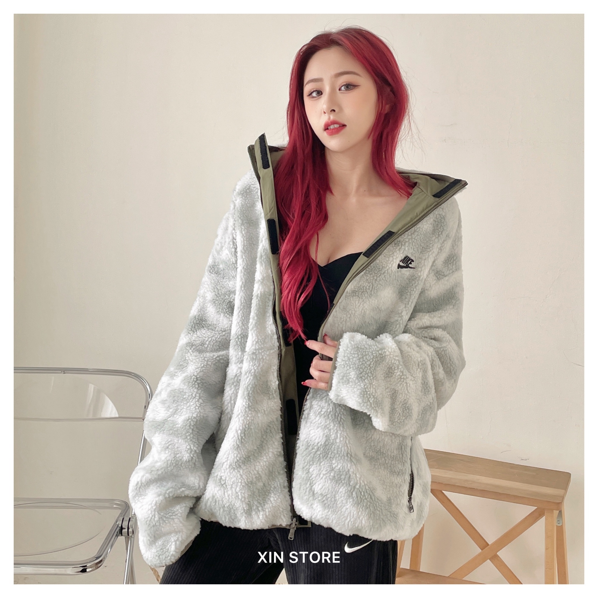 【現貨】Nike NSW 外套 羊羔毛 迷彩 雙面穿 刺繡 字勾 口袋 魔鬼氈 立領外套 灰綠軍綠 咖啡黑