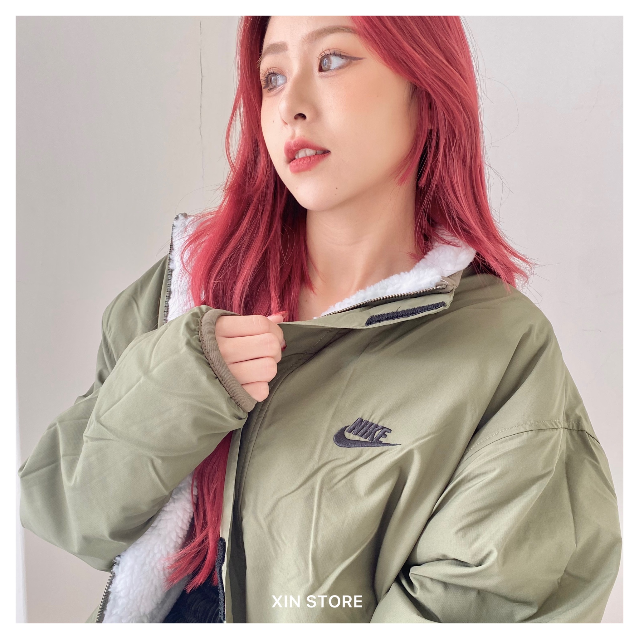 【現貨】Nike NSW 外套 羊羔毛 迷彩 雙面穿 刺繡 字勾 口袋 魔鬼氈 立領外套 灰綠軍綠 咖啡黑