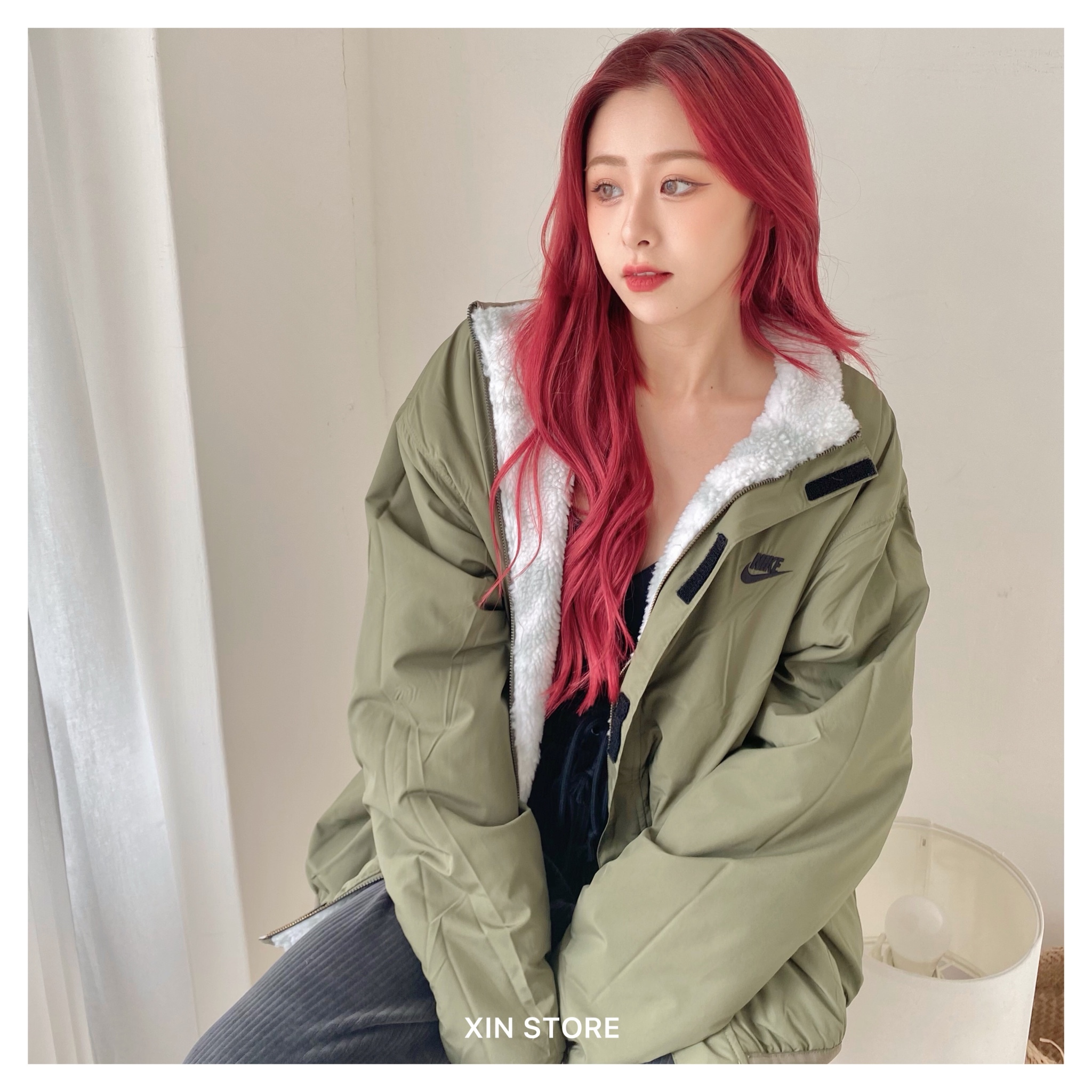 【現貨】Nike NSW 外套 羊羔毛 迷彩 雙面穿 刺繡 字勾 口袋 魔鬼氈 立領外套 灰綠軍綠 咖啡黑