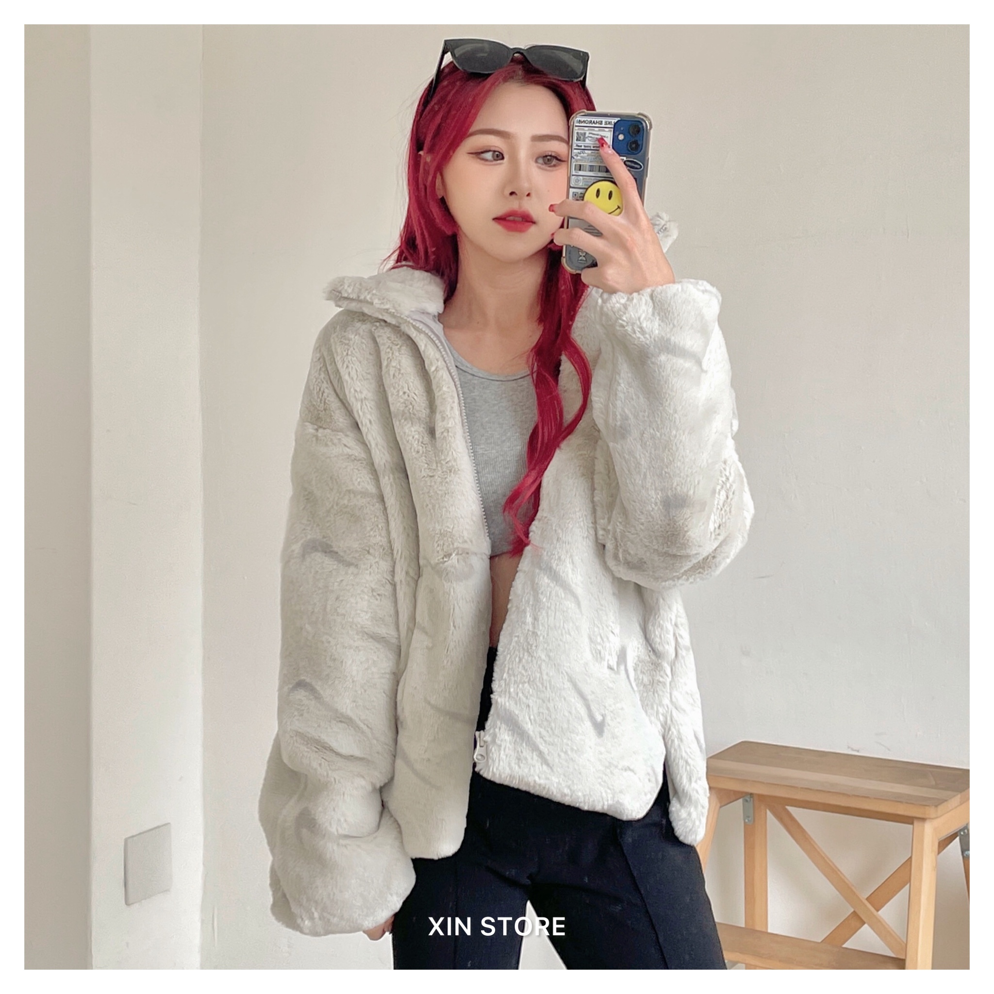 【現貨】Nike NSW Plush 立領 滿版 小勾 絨毛 Logo 外套 奶灰 深灰