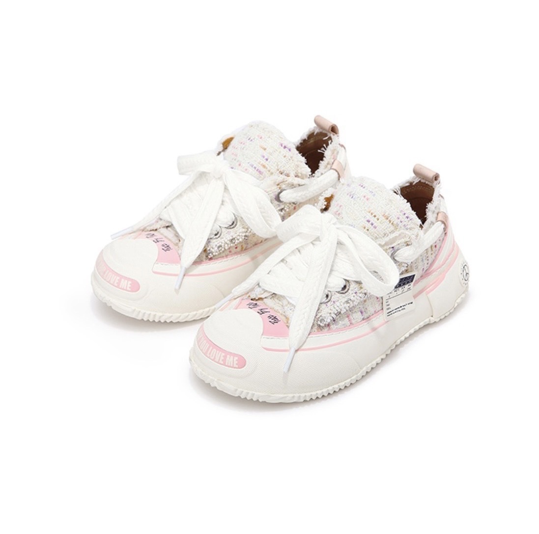 iSNEAKERS｜xVESSEL Marshmallow Lows "Valetine's Day White Tweed" 解構鞋 白粉色 小香風 珍珠 S22X45W