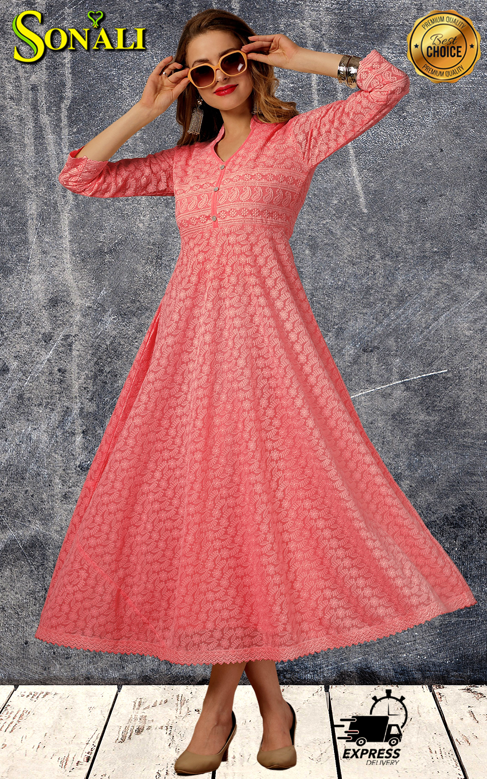 Sonali Premier Quality Women's Chikan Gown Collections (Style and Color Refer Image)