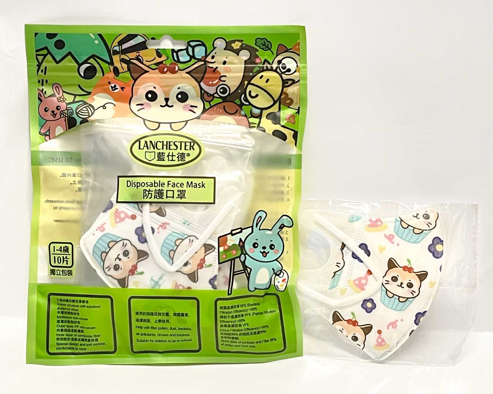 【蘭徹斯特奇遇記】Lanchester 3D立體彈力耳繩卡通口罩(Cat-Dippy) 幼兒 十片獨立包裝