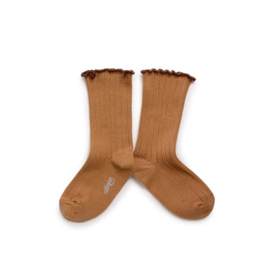 COLLÉGIEN - Delphine Lettuce Trim Ribbed Socks（Caramel au Beurre Sale）