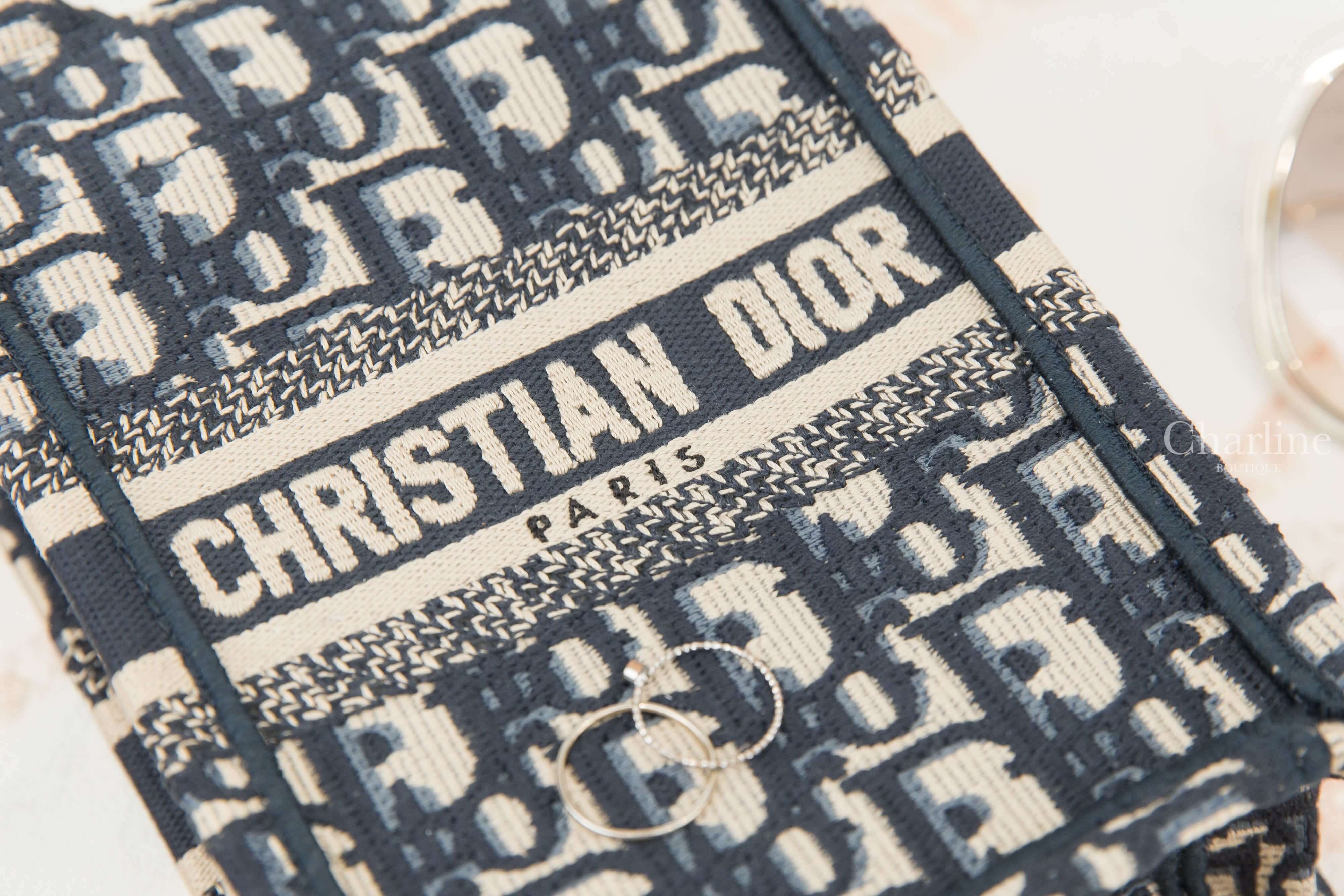 Dior Mini Dior Book Tote Phone Bag 深藍色復古老花帆布金釦刺繡皮革肩帶迷你手機托特包