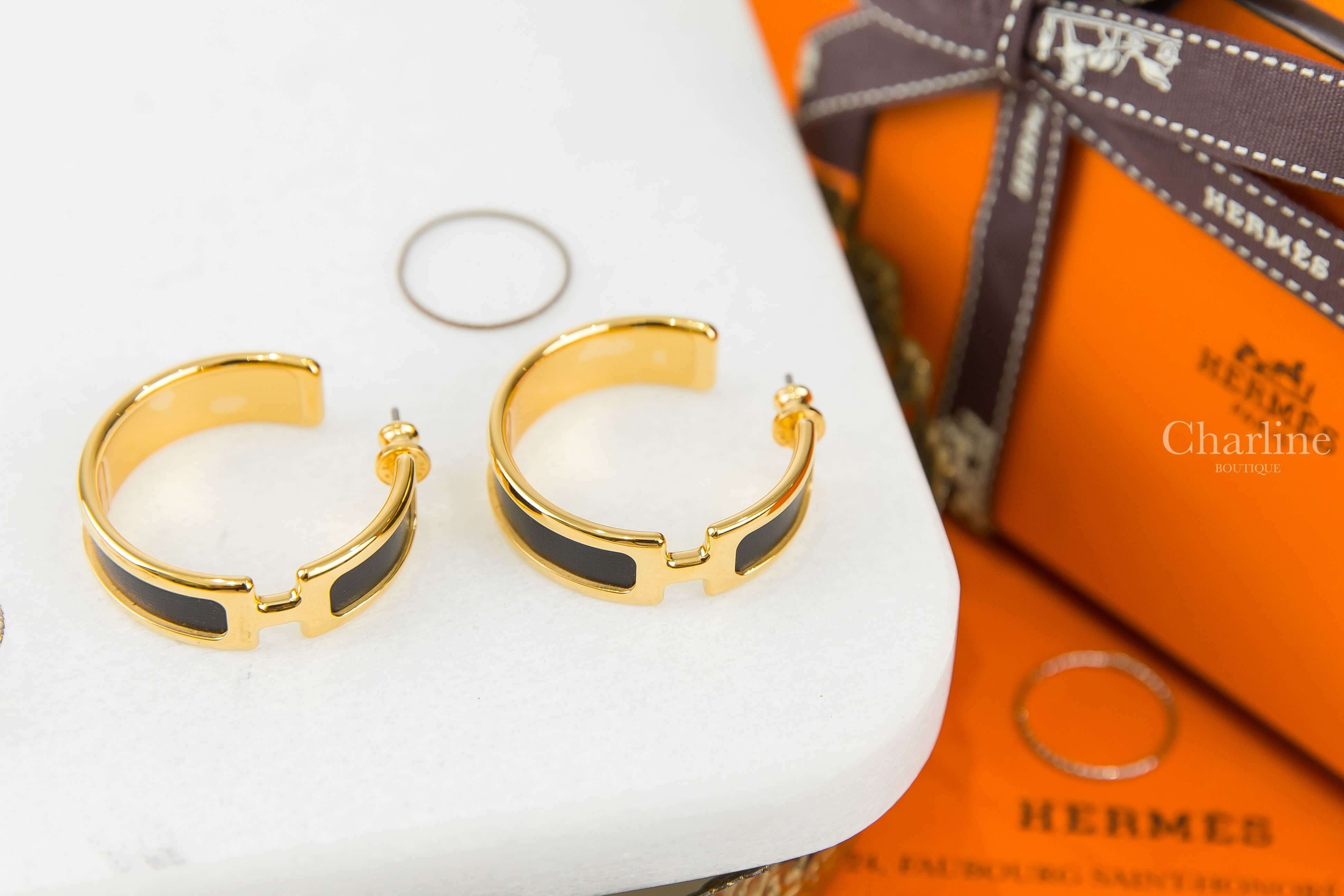Hermès Olympe Earrings 黑色小牛皮金色H圓圈耳環