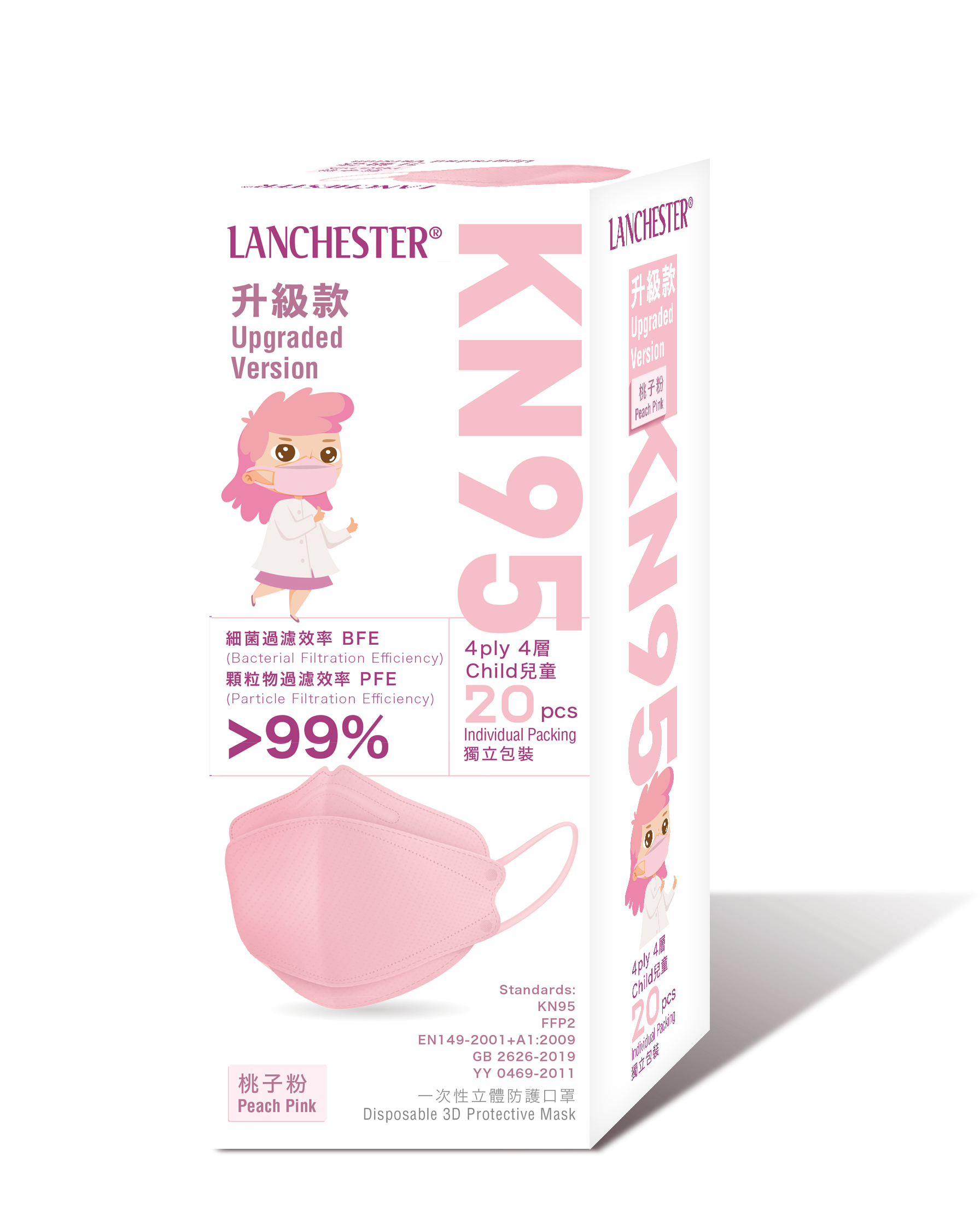 【KN95系列】Lanchester 兒童四層立體升級款口罩 桃子粉二十片 獨立包裝(KF94)(醫用級)(證書認證/信心保證)