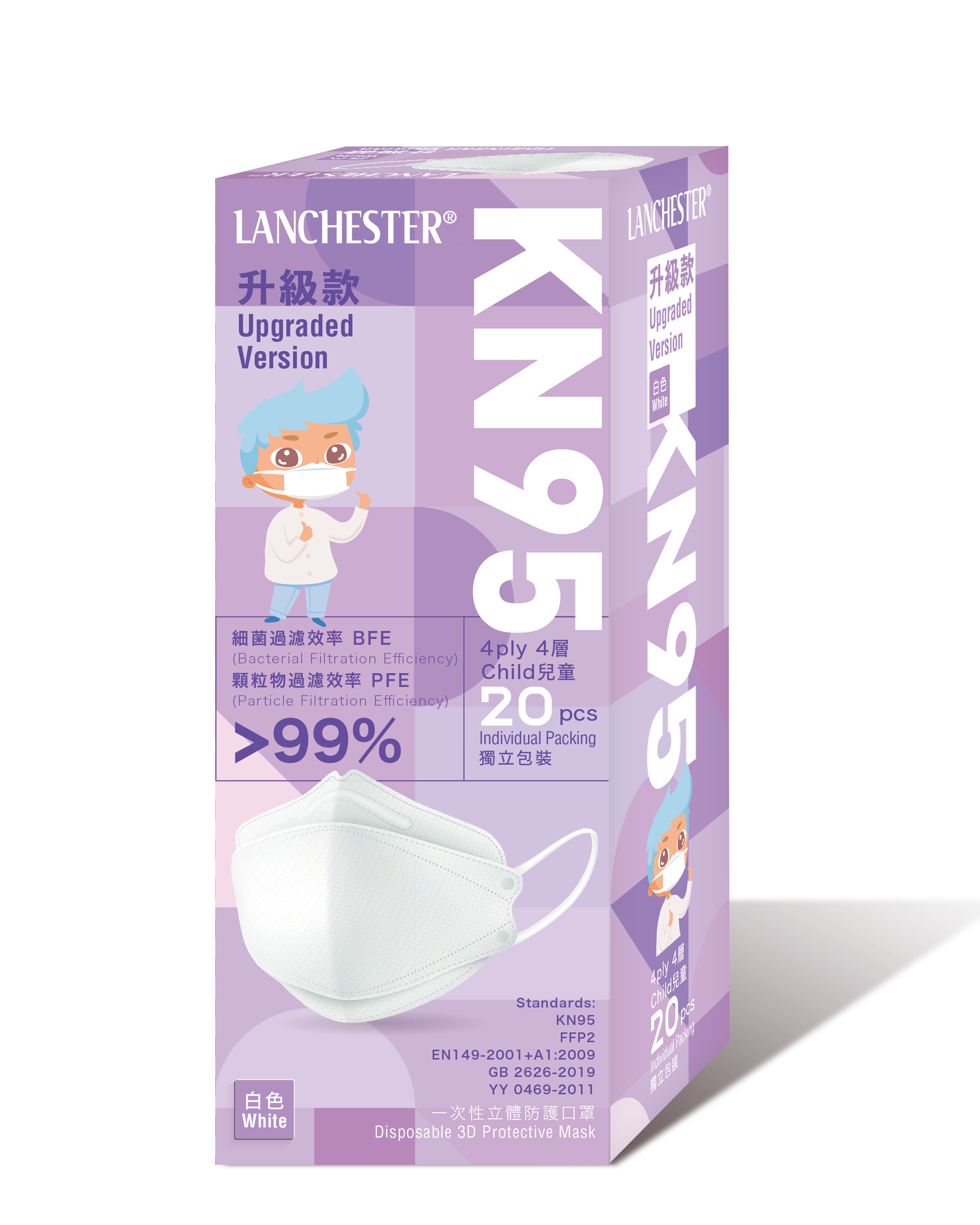 【KN95系列】Lanchester 兒童四層立體升級款口罩 白色二十片 獨立包裝(KF94)(醫用級)(證書認證/信心保證)(平均每片$1.8)