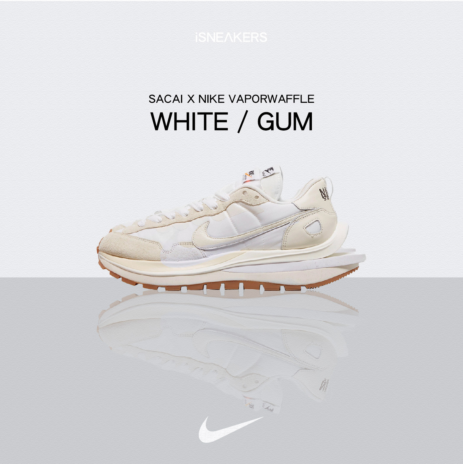 iSNEAKERS｜Sacai x Nike VAPORWAFFLE 焦糖底解構雙勾時尚跑鞋 奶油白 白色 DD1875-100