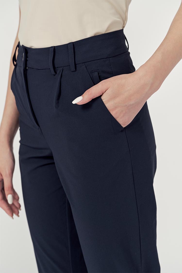 經典打褶女長褲-深藍