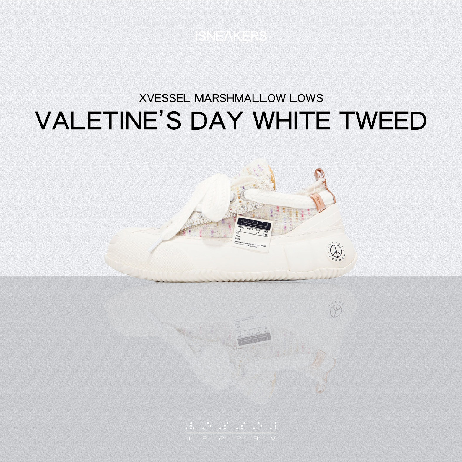 iSNEAKERS｜xVESSEL Marshmallow Lows "Valetine's Day White Tweed" 解構鞋 白粉色 小香風 珍珠 S22X45W