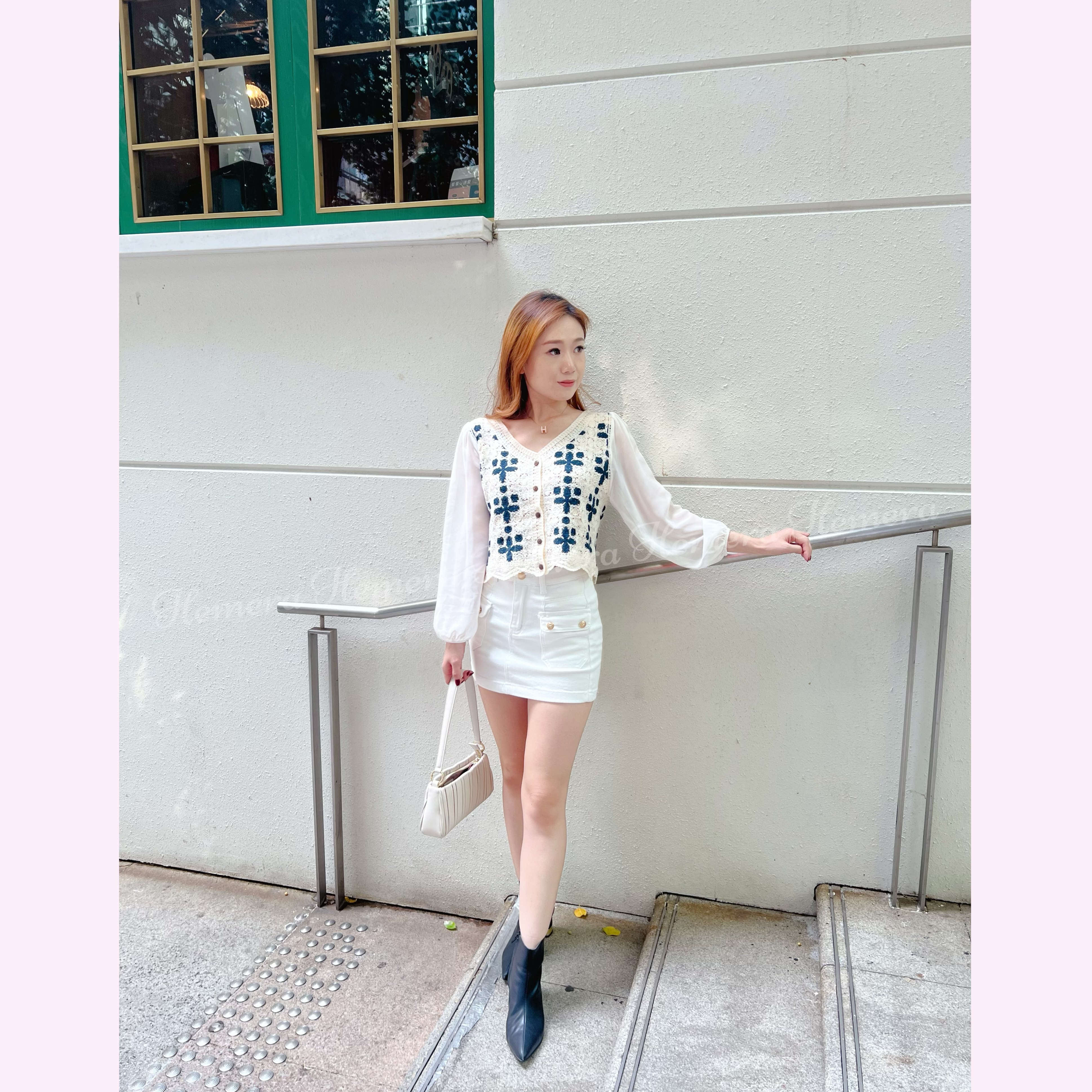 波希米縷空針織拼雪紡泡泡手袖上身 TP22S1016