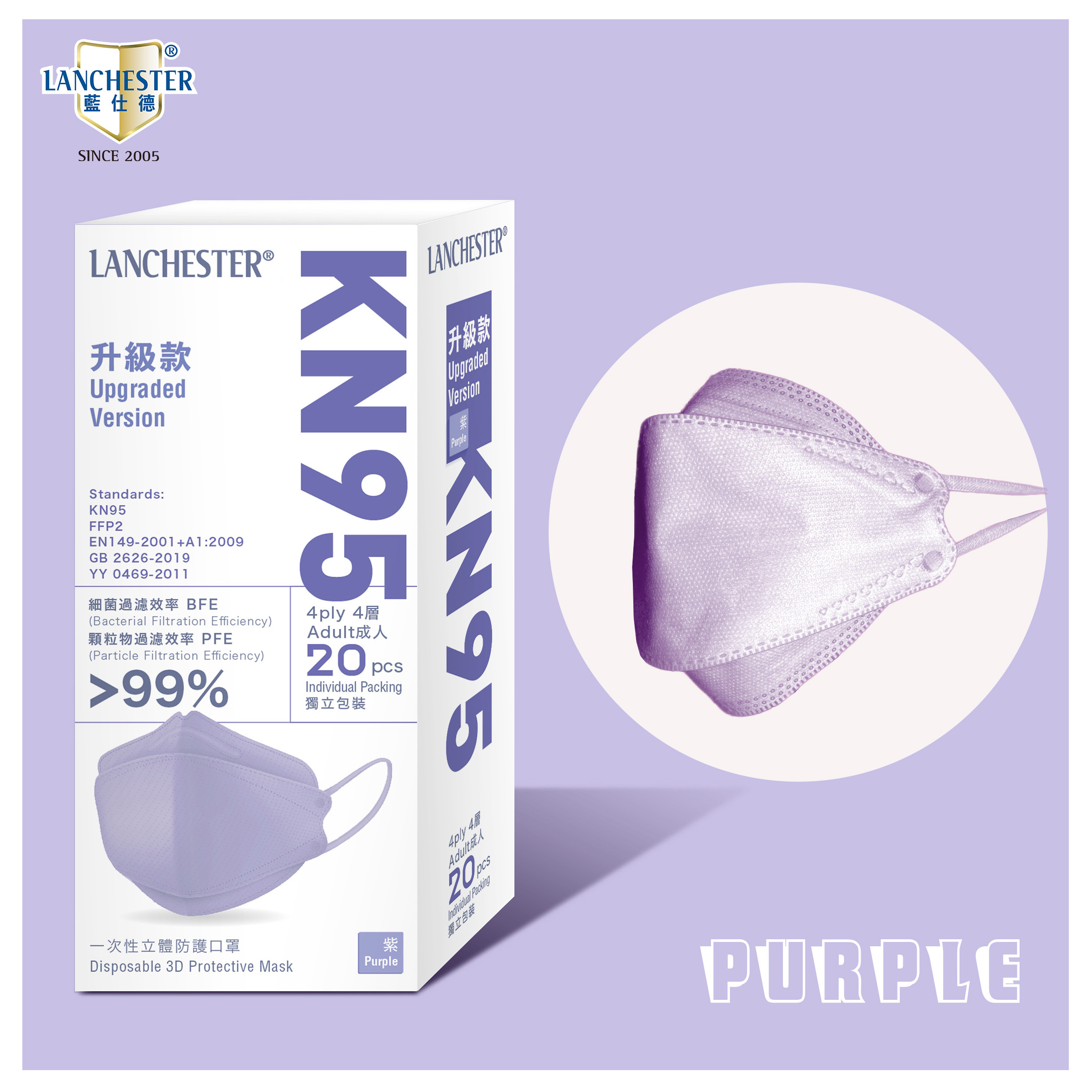 【親子裝】Lanchester 四層升級款口罩 紫色二十片 獨立包裝 (成人+兒童)(KF94)(醫用級)(獨立包裝)(20片裝)