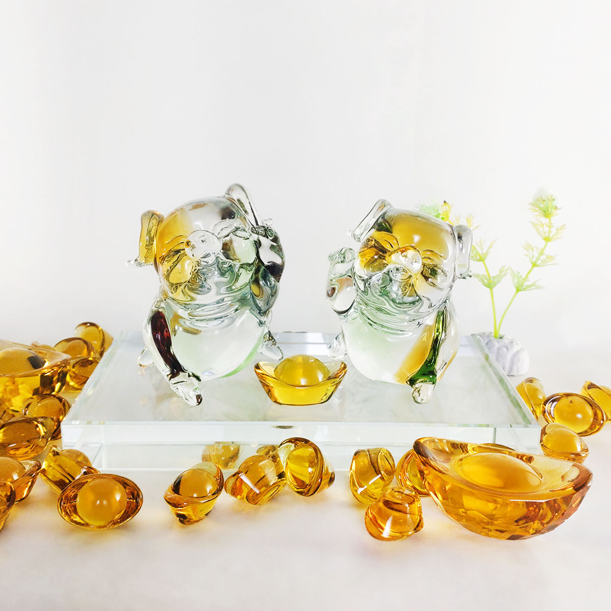 招財豬對(含水晶座)