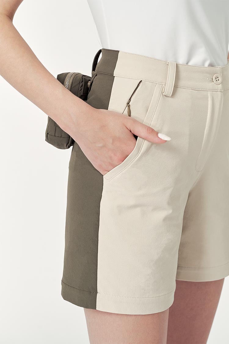 拼接雙色女短褲-米/橄綠