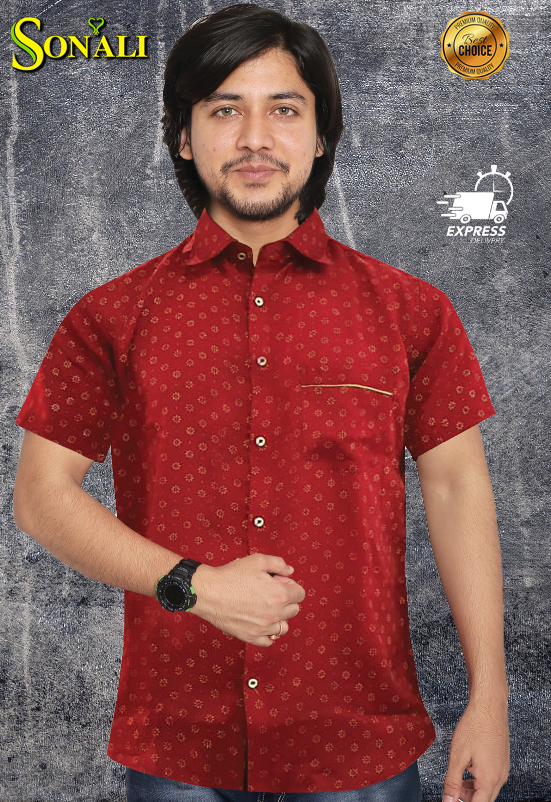 Sonali Premier Quality Men's Short Sleeve Shirt Collections / Indian Traditional Kurta Shirt - Copper Print (SPECIAL OFFER)