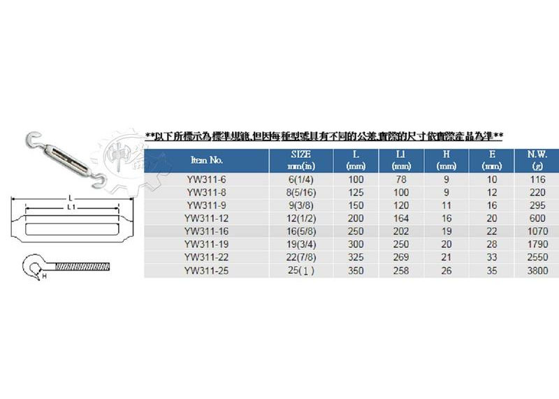 ＊中崙五金【附發票】台灣製 6mm(1/4") 鉤+鉤 鬆緊螺絲 材質: 鐵鍍鋅 型號 :YW311 鍍鋅鐵螺絲伸縮器