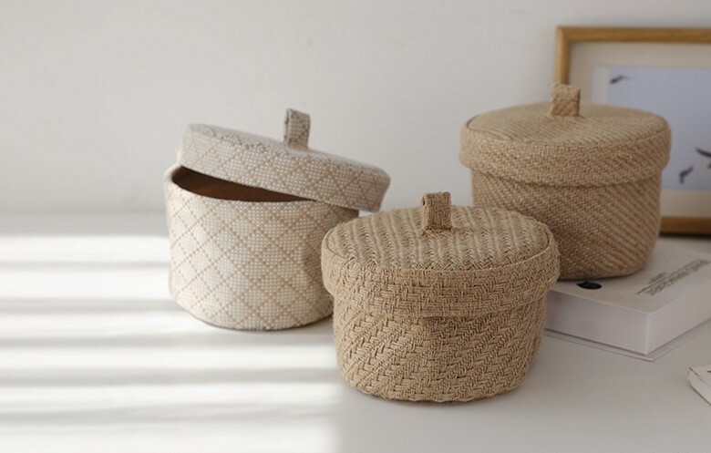 《1114》粗紋棉麻桌面帶蓋收納籃