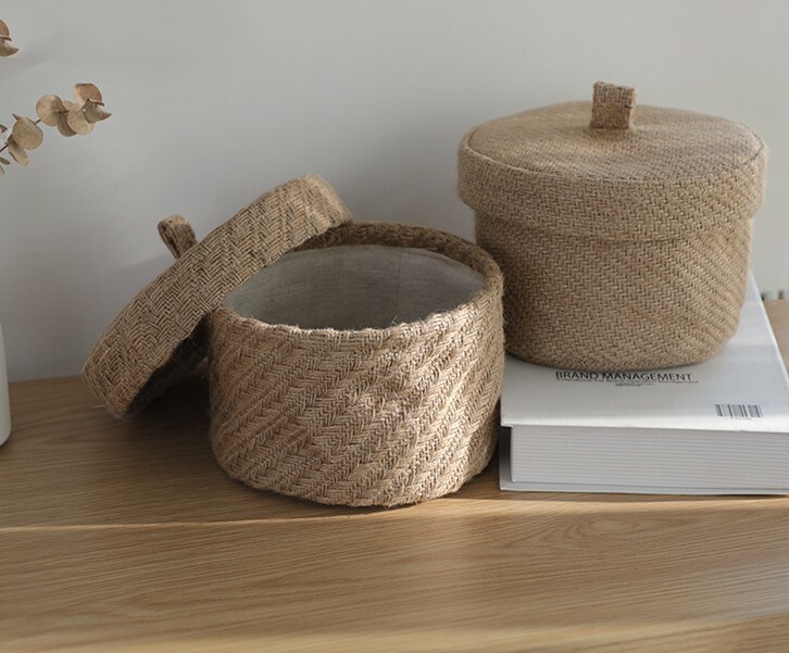 《1114》粗紋棉麻桌面帶蓋收納籃