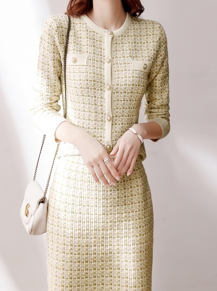 米白M【零碼出清不退換】小香風混紡針織套裝