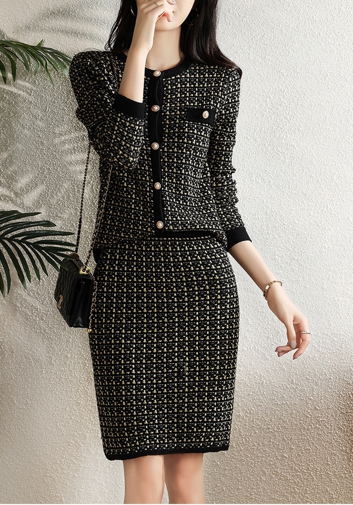 小香風混紡針織套裝