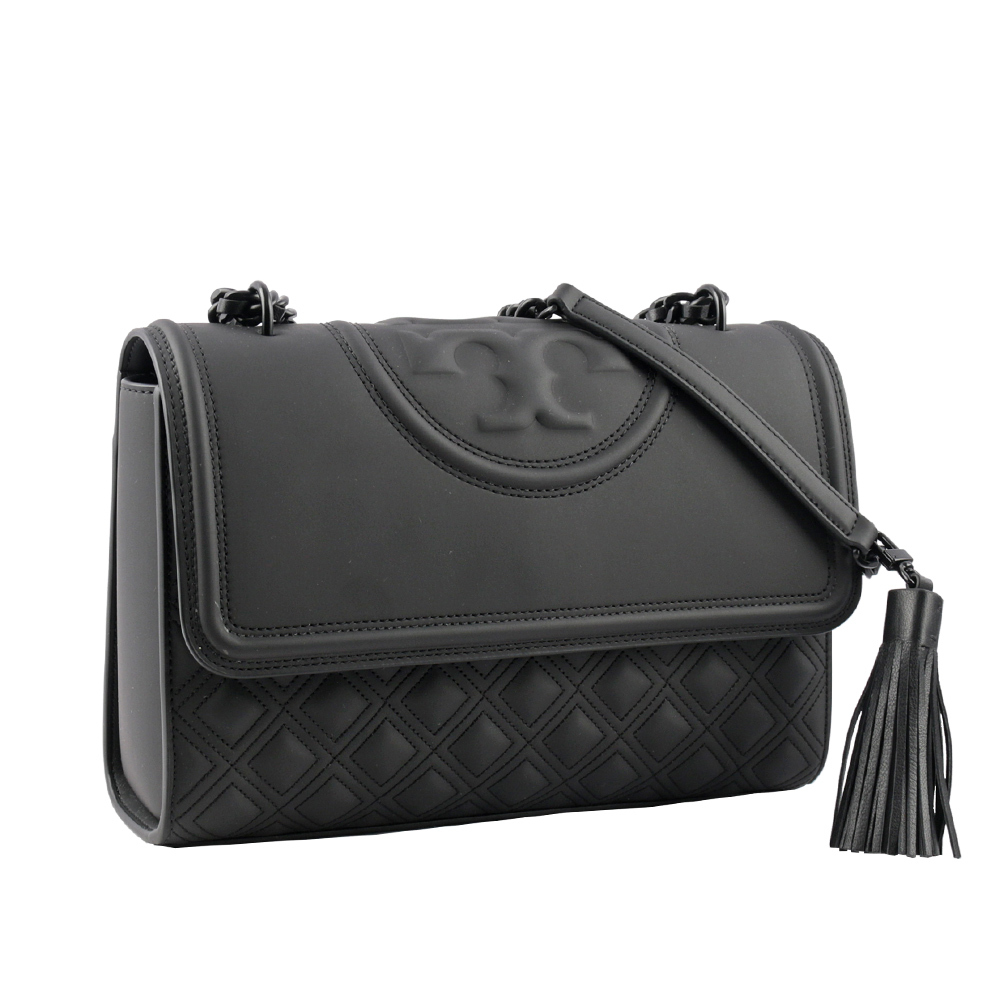 【Tory Burch】Fleming Matte 縫線翻蓋流蘇二用包(黑色)