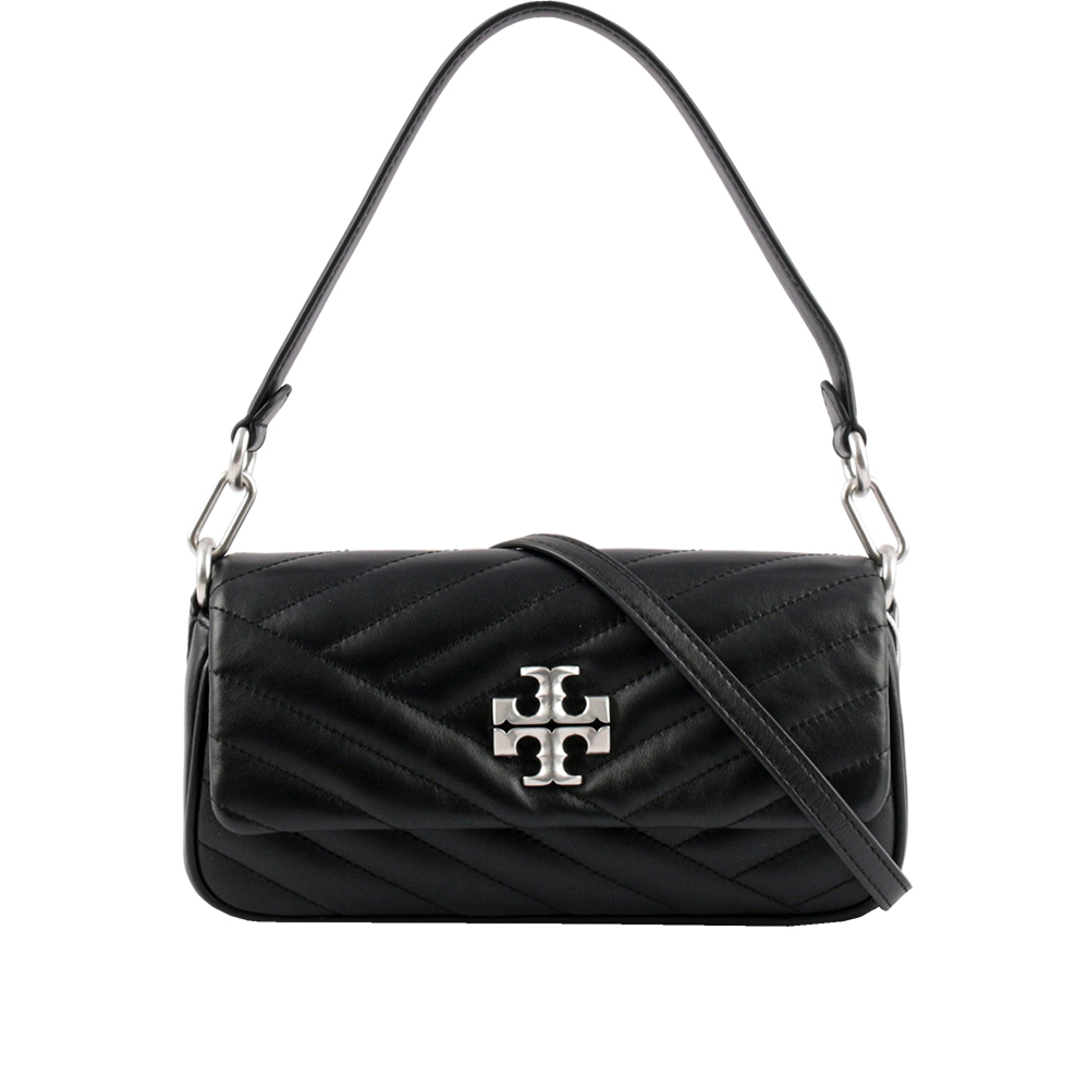 【Tory Burch】Kira 銀釦縫線設計翻蓋小款肩背/斜背二用包(黑色)