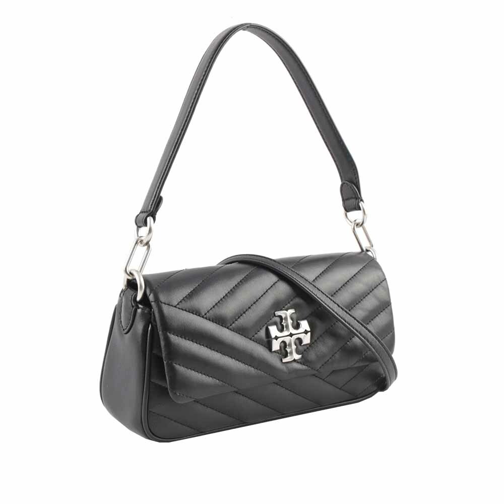 【Tory Burch】Kira 銀釦縫線設計翻蓋小款肩背/斜背二用包(黑色)