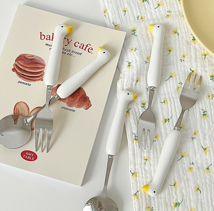 《1128》304不銹鋼可愛鴨鴨陶瓷湯叉