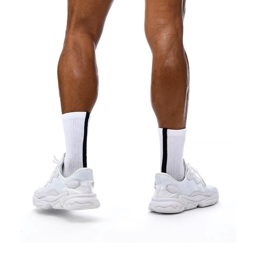 Sockkon中長筒黑豎條文運動毛巾襪【黑豎條紋】