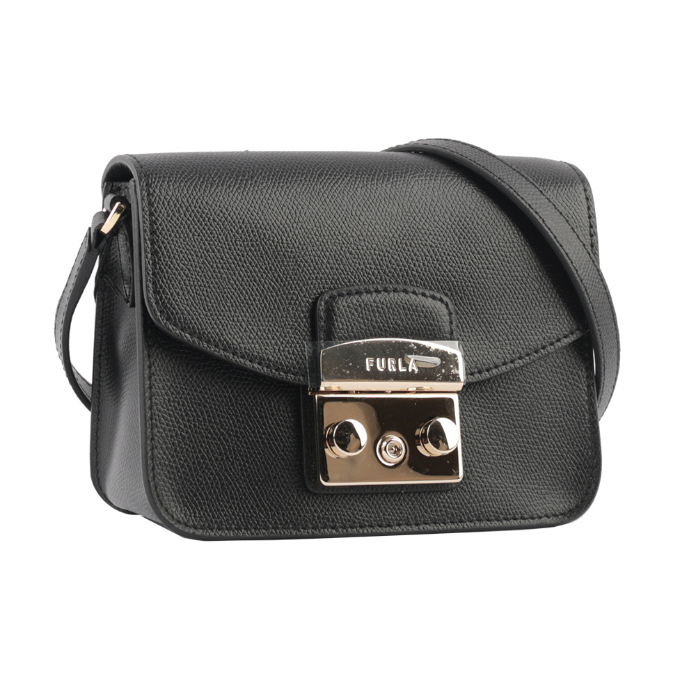 【FURLA】Metropolis 壓紋牛皮金鍊翻蓋迷你斜背包(黑色)