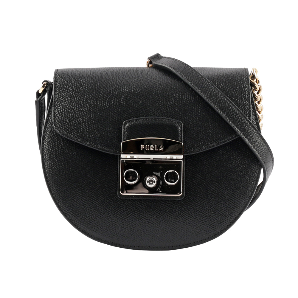 【FURLA】Metropolis 壓紋牛皮金鍊半月型迷你斜背包(黑色)