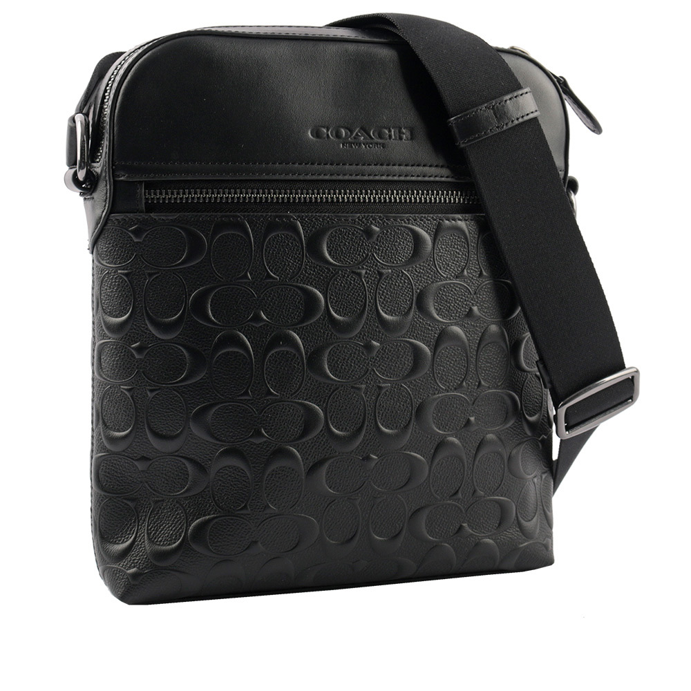 【COACH】Houston C Logo 浮雕牛皮日字拉鍊斜背包(黑色)