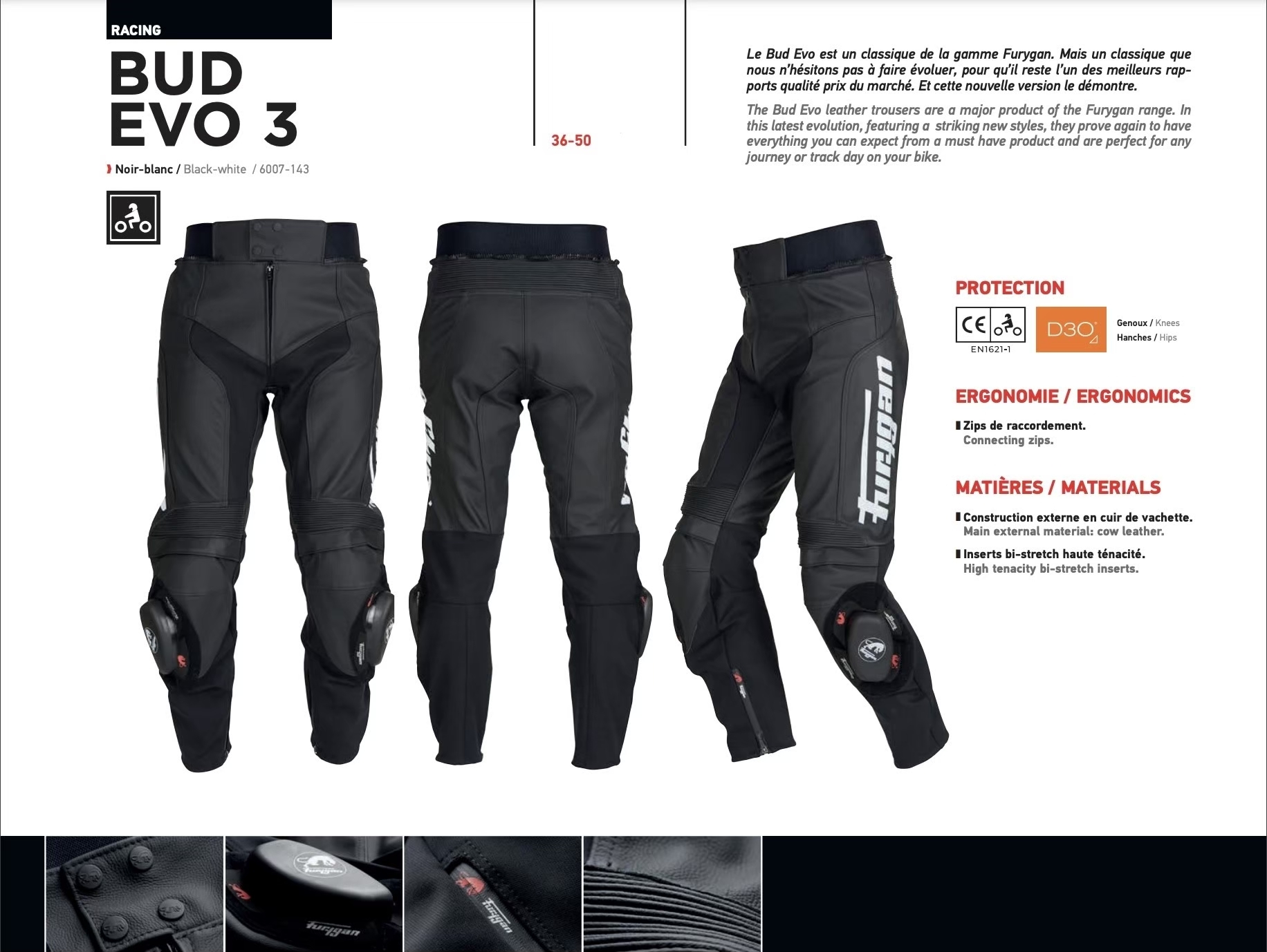 Pantalon cuir Furygan Bud Evo 3 noir/blanc - Équipement route sur La Bécanerie