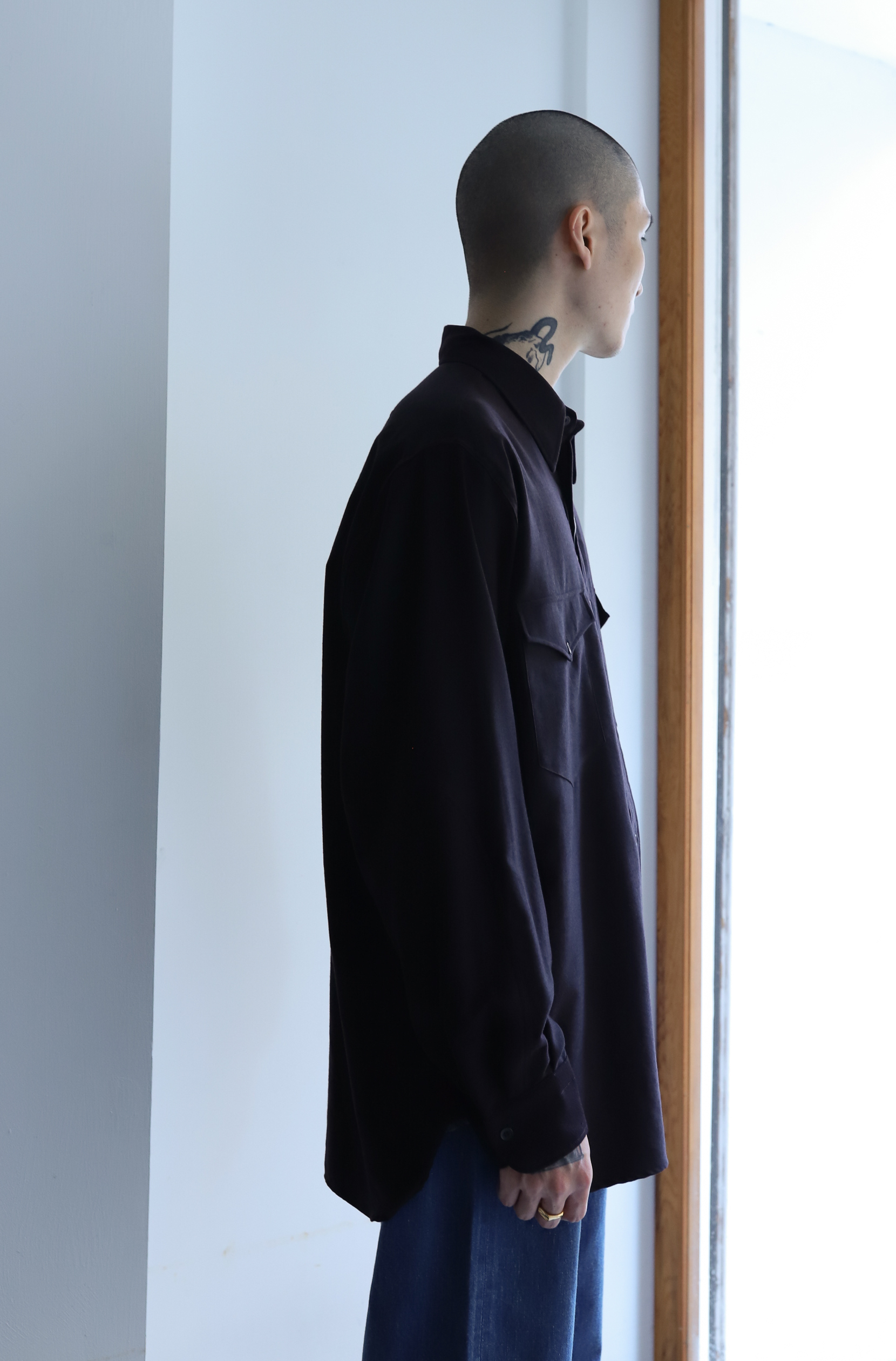 COMOLI - Wool Moleskin Work Shirt NAVY