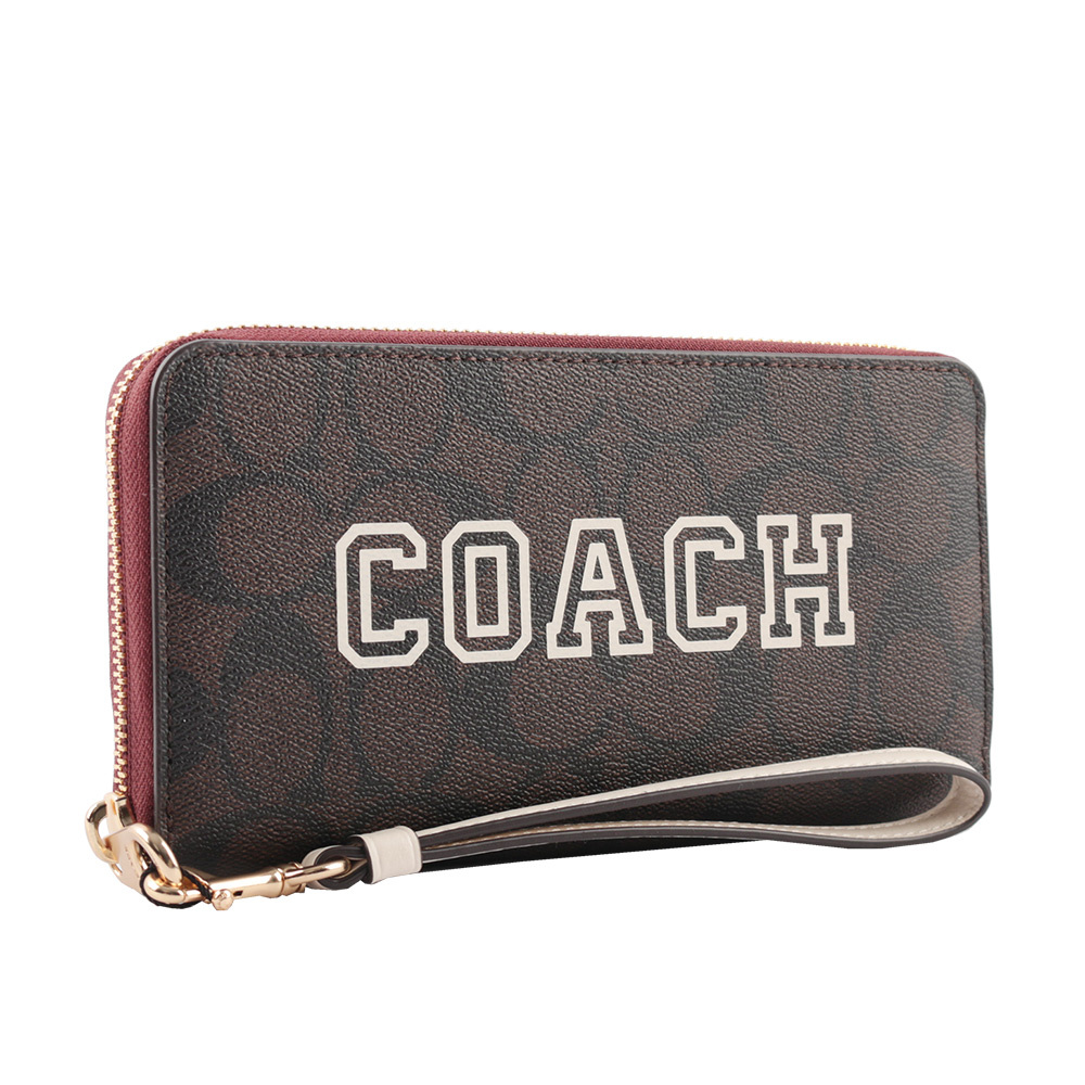 【COACH】Varsity 標誌塗層帆布附可拆提把長夾(巧克力色/白色)