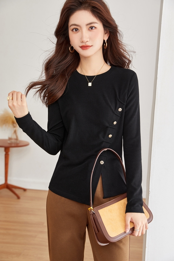 黑L【零碼出清不退換】斜排釦開衩針織上衣