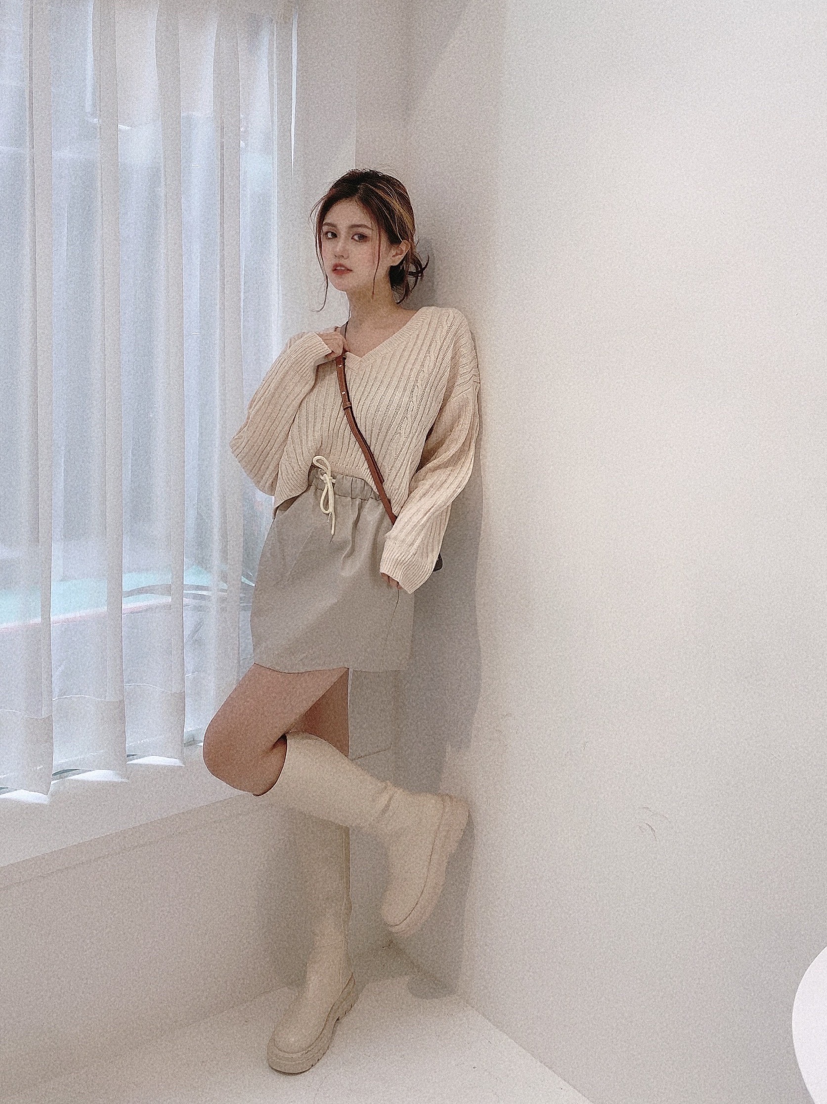 後簍空坑條針織毛衣/三色