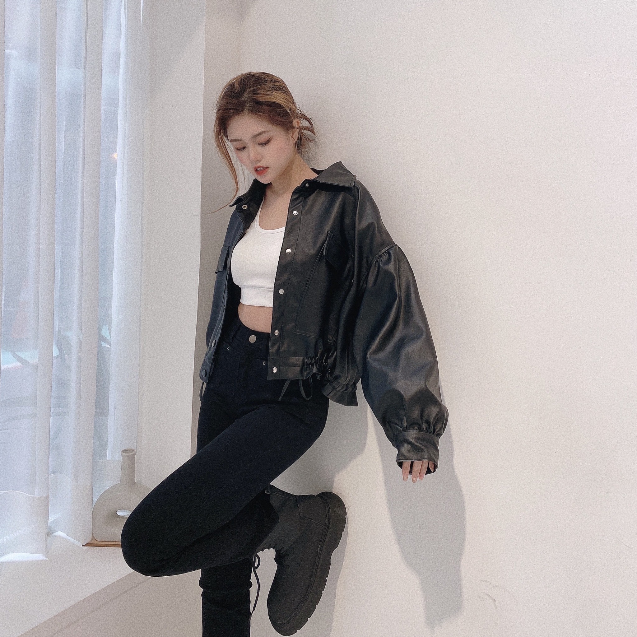 質感甜酷下縮夾克皮外套/二色