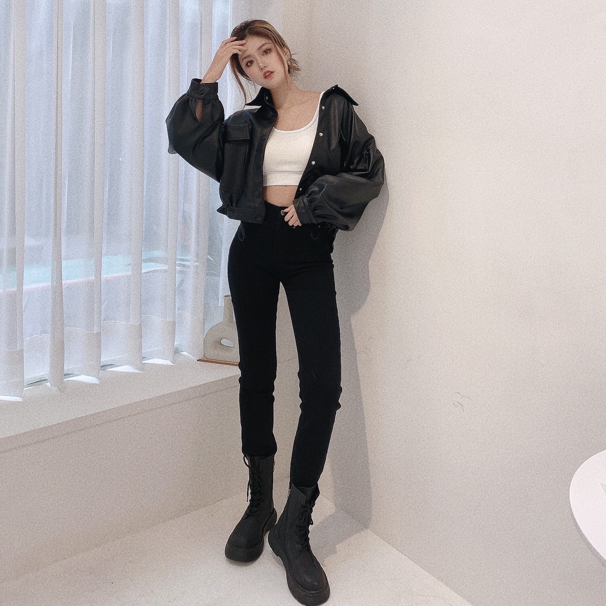 質感甜酷下縮夾克皮外套/二色