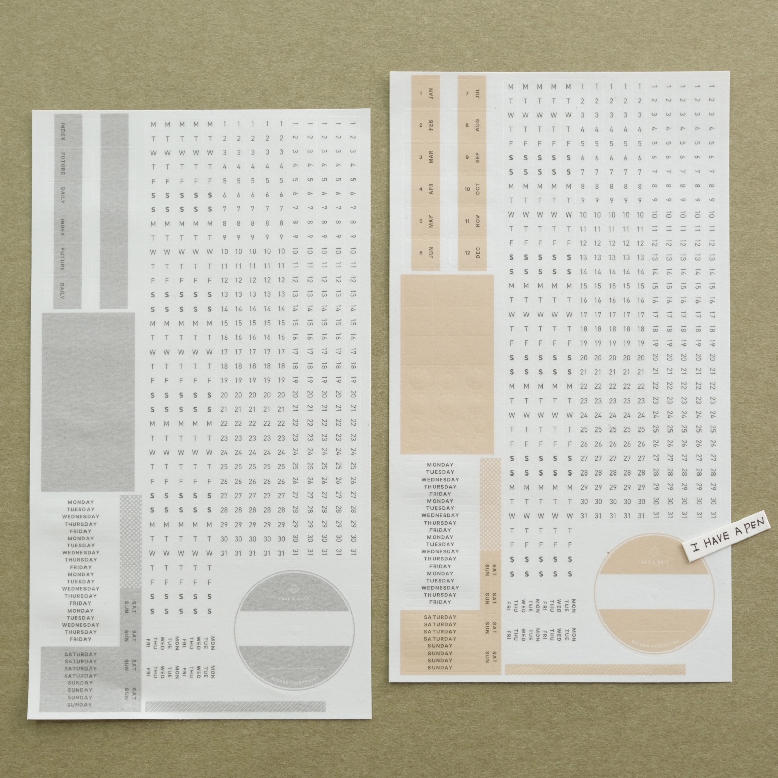 TAKE A NOTE "RECORD" - CALENDAR, MONTHLY DAILY BULLET JOURNAL WASHI STICKERS (2 sheets)