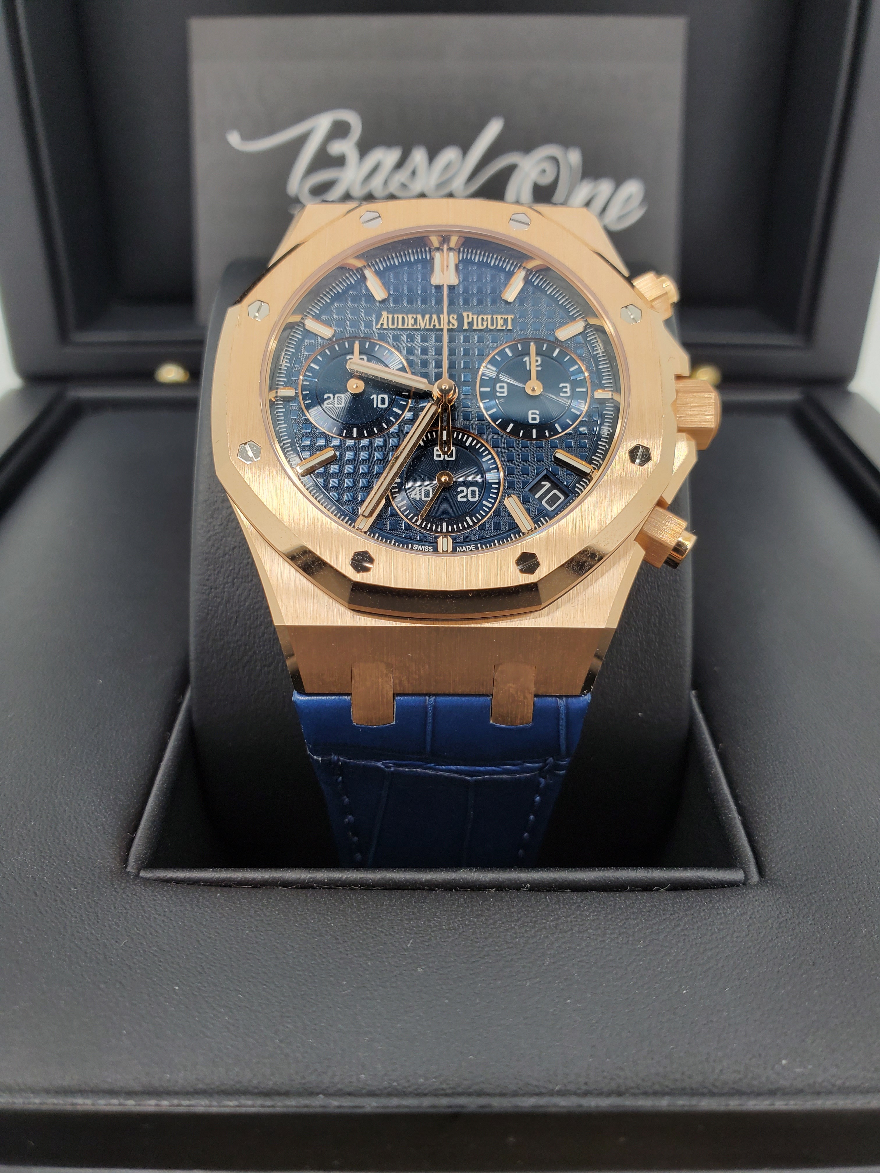 BRAND NEW AUDEMARS PIGUET 26240OR 26240 BLUE DIAL ROSE GOLD ROYAL OAK SELFWINDING "50TH ANNIVERSARY" LEATHER STRAP 41MM