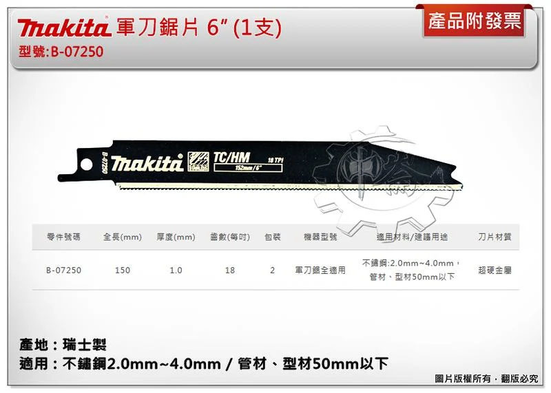 ＊中崙五金【附發票】(瑞士製) 牧田軍刀鋸片 B-07250 (單支 / 一卡2支) 長6吋 超硬金屬 適用不鏽鋼、管材