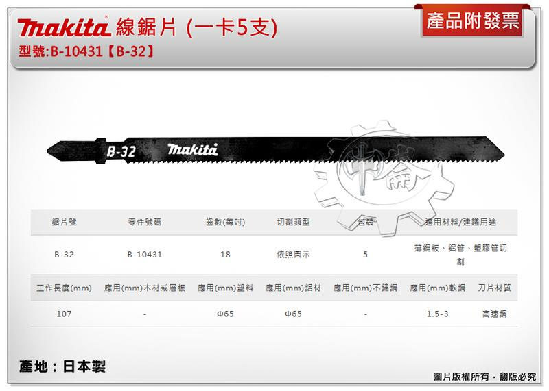 ＊中崙五金【附發票】(日本製) 牧田 B-10431 (B-32) 線鋸片 數量:1支/ 5支 適切薄鋼板、鋁管、塑膠管